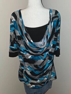 Abstract brush stroke double layer cowl neck blouse tunic